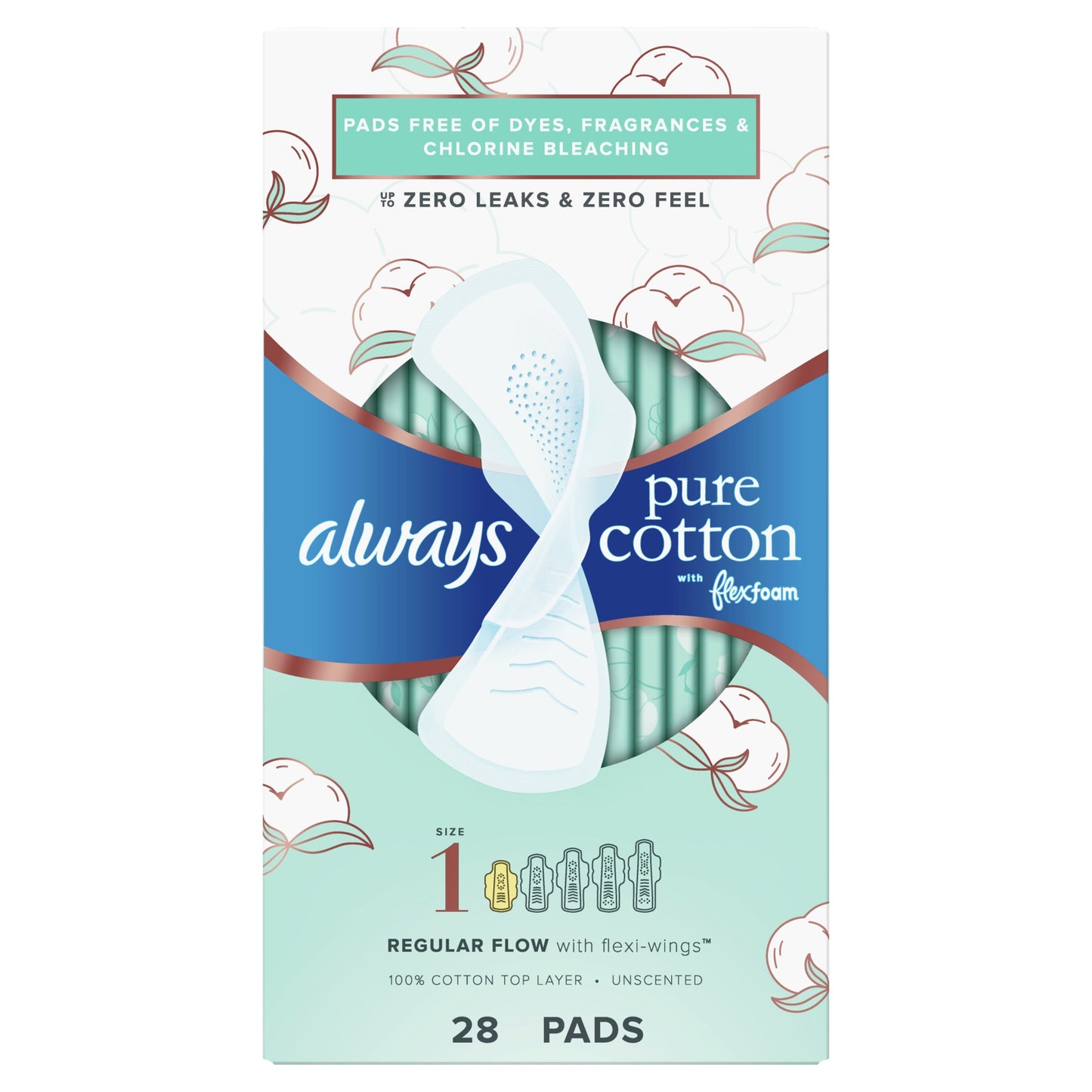 Always Pure Cotton Feminine Pads With Wings, Size 1, Regular Absorbency, 28 CT