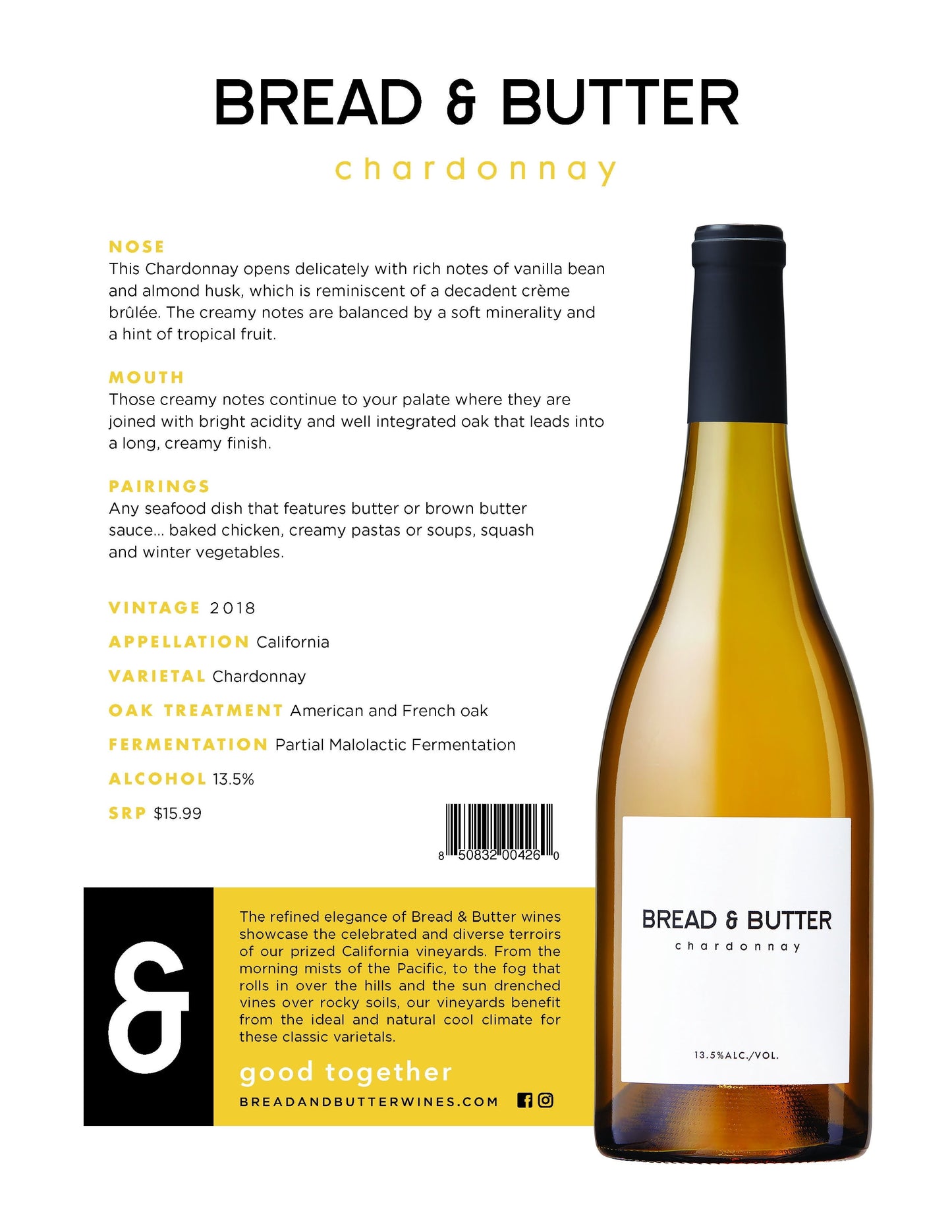 Bread & Butter Chardonnay White Wine, California, 13.5% ABV, 750ml Glass Bottle, 5-150ml Servings