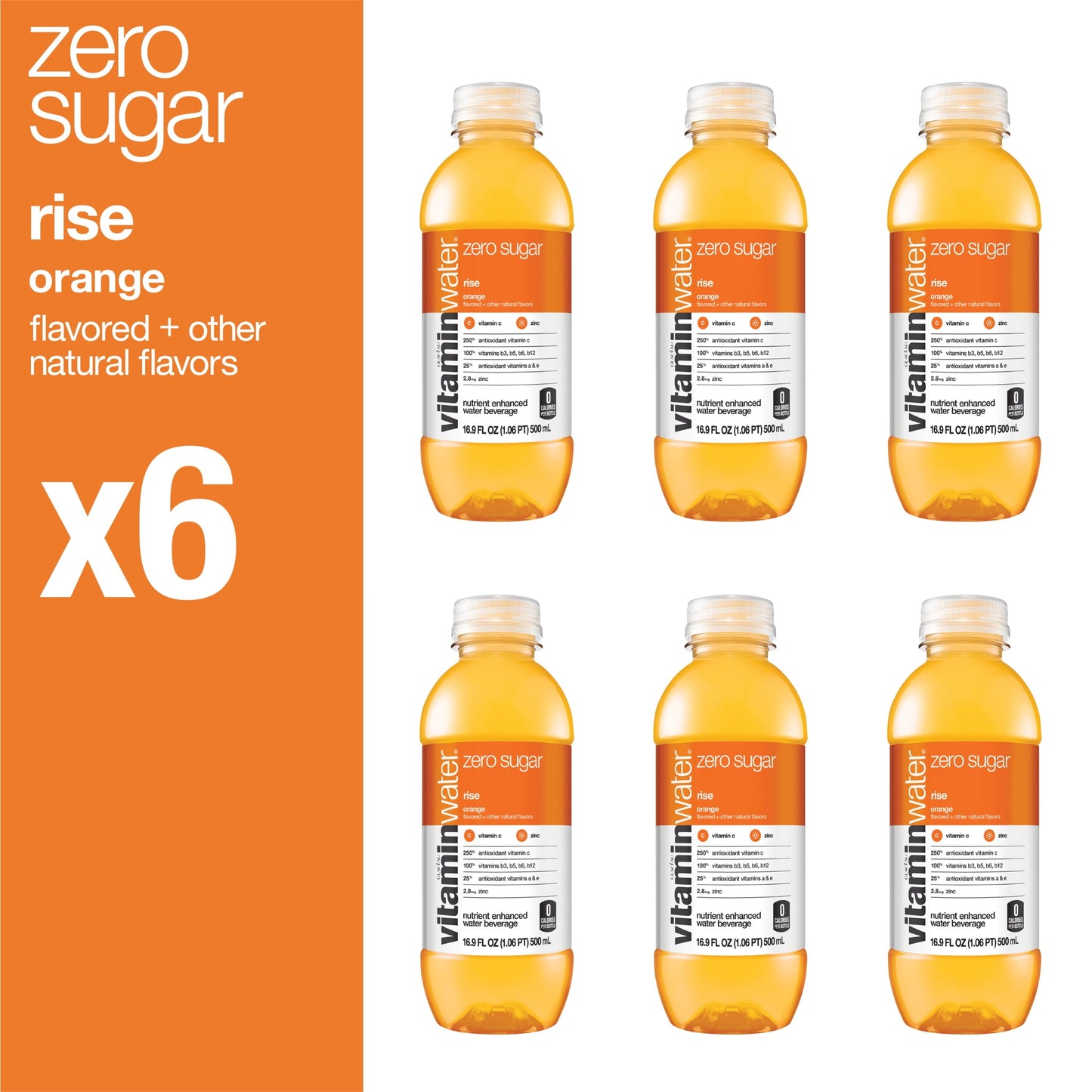 vitaminwater zero sugar rise electrolyte enhanced water, orange, 16.9 fl oz, 6 count bottles