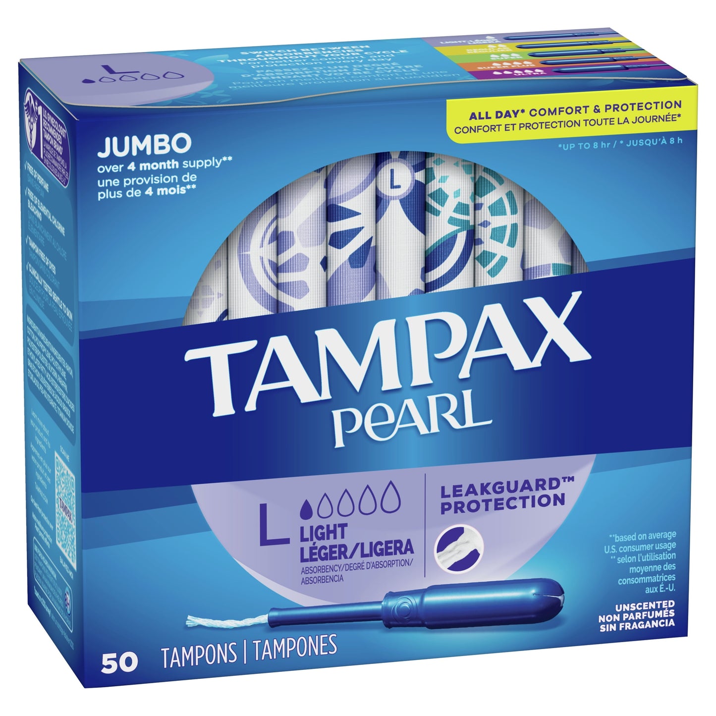 Tampax Pearl Tampons with LeakGuard Braid, Light Absorbency, 50 Ct