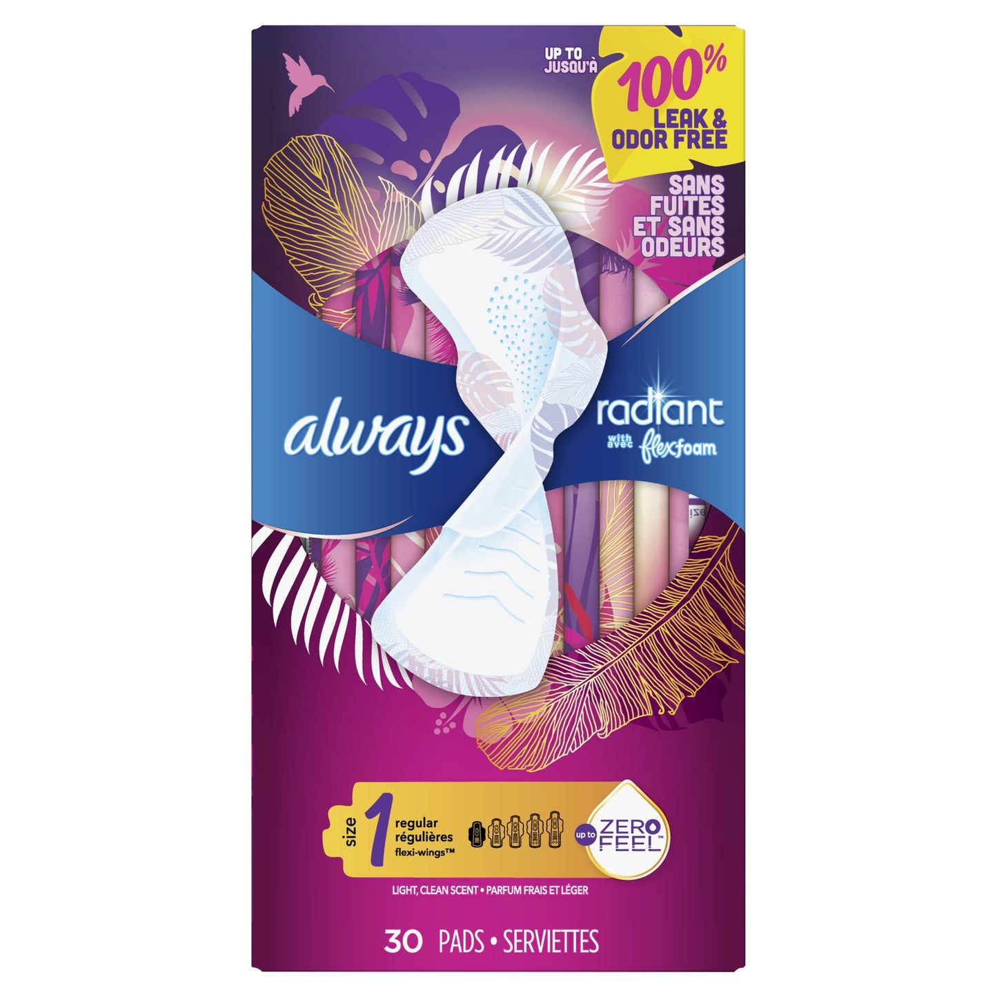 Always Radiant Feminine Pads with Wings, Size 1, Regular Absorbency, Scented, 30 Count