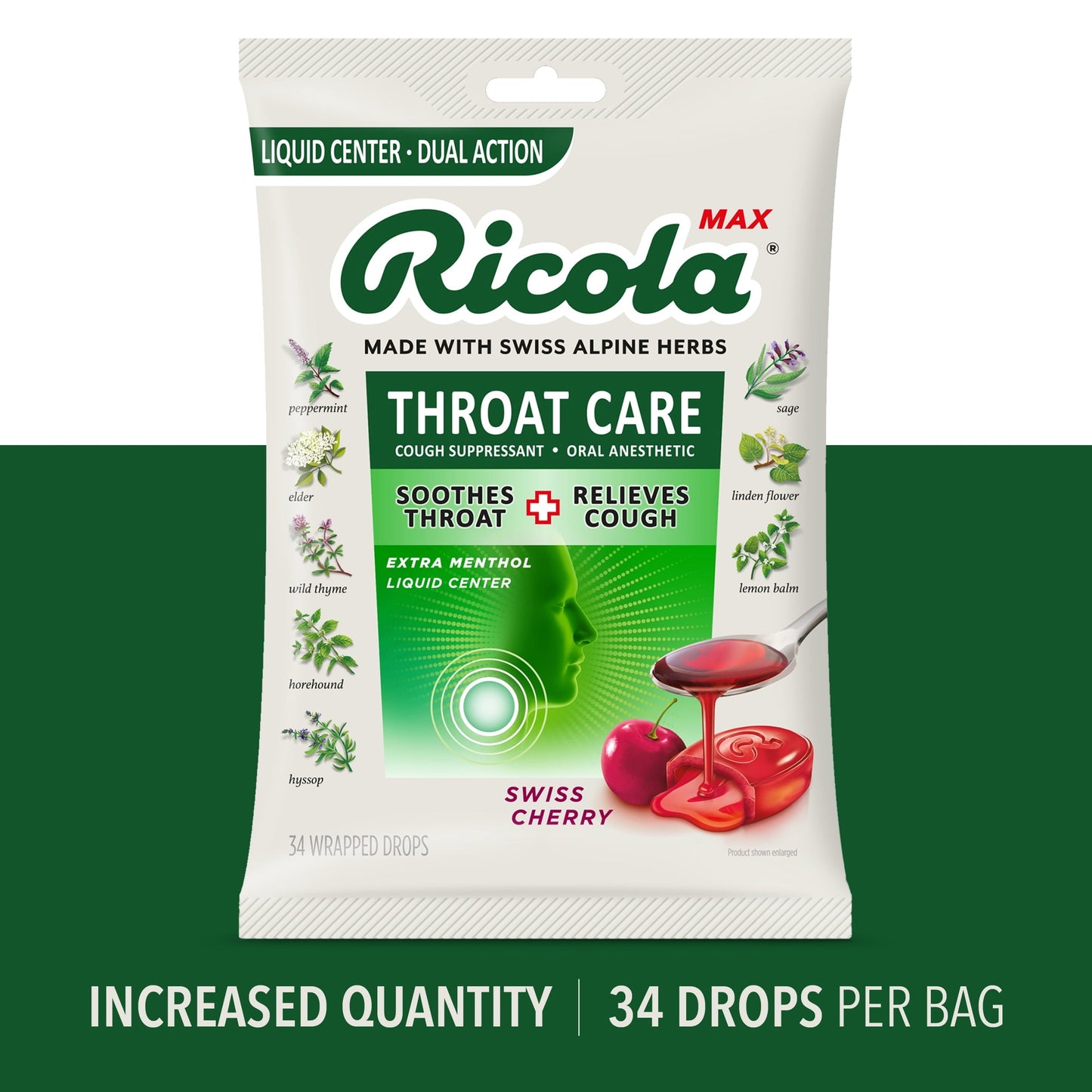Ricola Max Throat Care Swiss Cherry Cough Drops - 34 Count