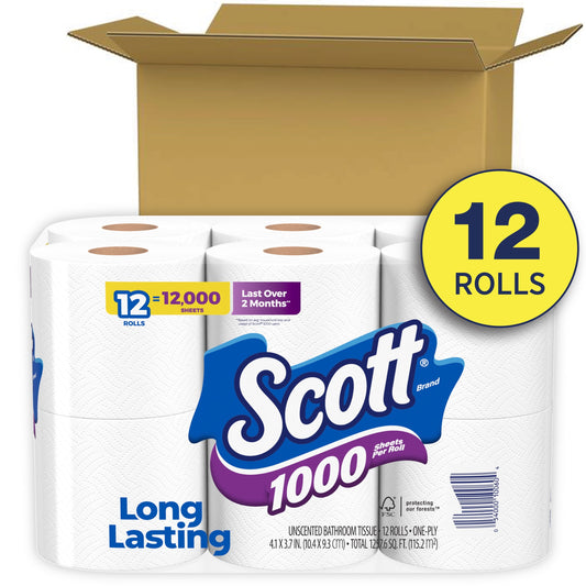 Scott 1000 Toilet Paper, 12 Rolls, 1,000 Sheets Per Roll (12,000 Total)