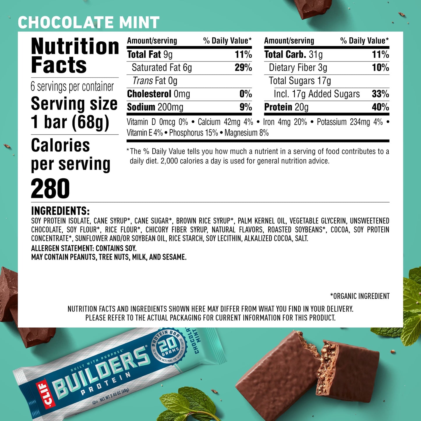 CLIF Builders - Chocolate Mint Flavor - Protein Bars - Gluten-Free - Non-GMO - Low Glycemic - 20g Protein - 2.4 oz. (6 Pack)