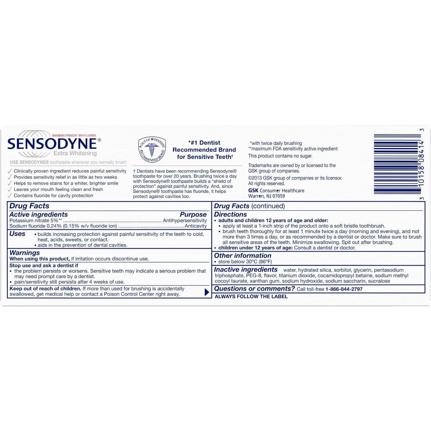 Sensodyne Sensitivity Toothpaste, Extra Whitening, for Sensitive Teeth, 24/7 Protection, 4 ounce (Pack of 2)