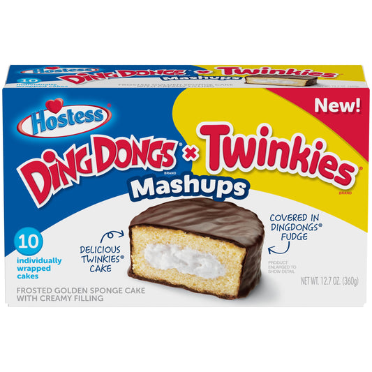Hostess Ding Dong Twinkie Mash-Up 12.7oz 10 count.  Frosted Golden Sponge Cake with Creamy Filling