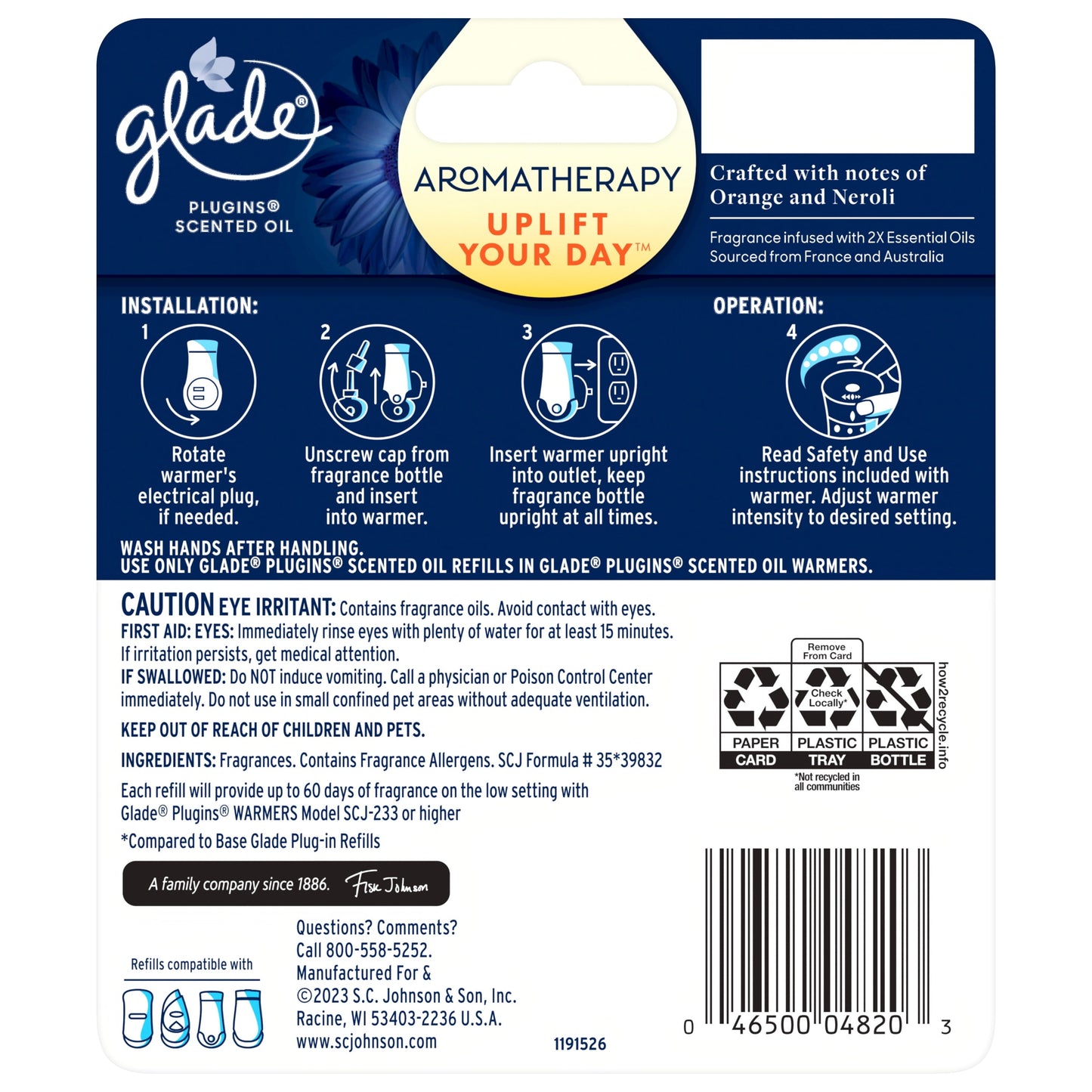 Glade Aromatherapy PlugIns Scented Oil Refills, Air Freshener, Fragrance Infused with Essential Oils, Uplift Your Day Scent with Notes of Orange and Neroli, 2 x 0.67 oz (19.8 ml)