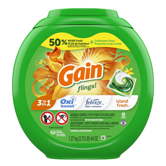 Gain Flings Laundry Detergent Soap Pacs, 60 Ct, Island Fresh