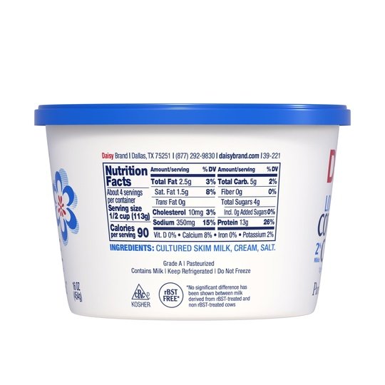 Daisy Pure and Natural Low Fat Cottage Cheese, 2% Milkfat, 16 oz (1 lb) Tub (Refrigerated) - 13g of Protein per serving