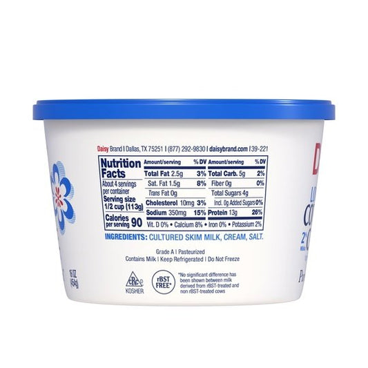 Daisy Pure and Natural Low Fat Cottage Cheese, 2% Milkfat, 16 oz (1 lb) Tub (Refrigerated) - 13g of Protein per serving