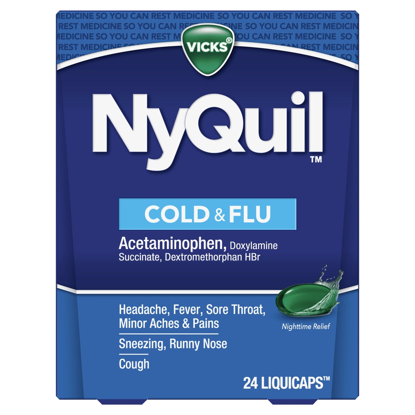 Vicks NyQuil Liquicaps, Nighttime Cold, Cough & Flu Medicine, Over-the-Counter Medicine, 24 Ct
