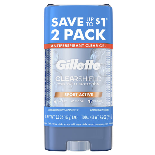 Gillette Antiperspirant Deodorant for Men, Clear Gel, Sport Active, Twin Pack, 3.8 oz