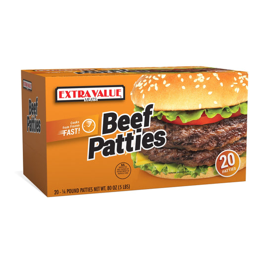 Extra Value Quarter Pound Beef Patties, 20 Count, 5 lbs, Dairy-Free, (Frozen)