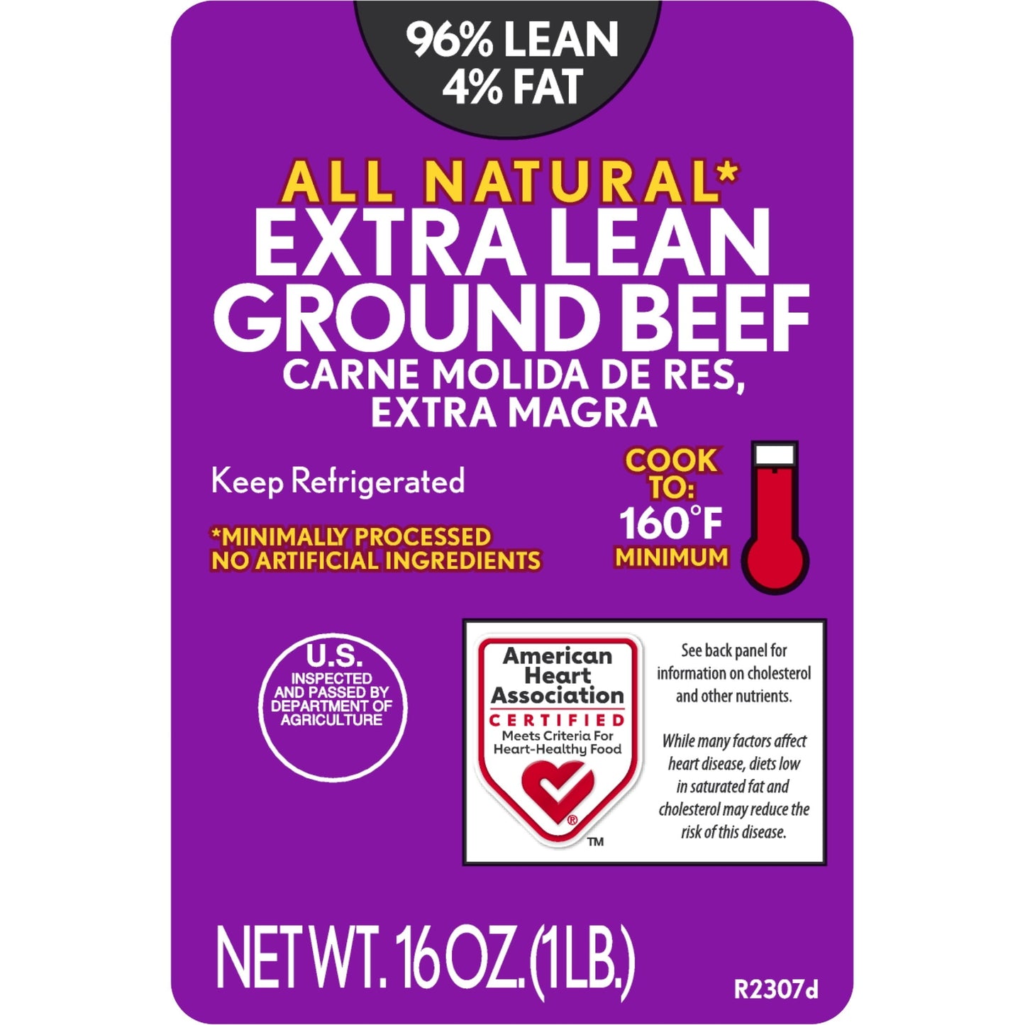 All Natural* 96% Lean/4% Fat Extra Lean Ground Beef, 1 lb Tray