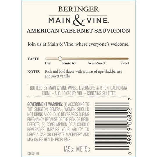 Beringer Main & Vine Cabernet Sauvignon California Red Wine, 750 ml Glass, ABV 13.50%