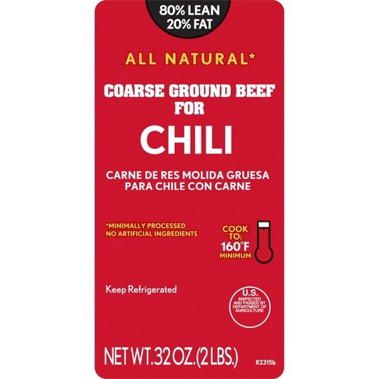 All Natural* 80% Lean/20% Fat Coarse Ground Beef for Chili Tray, 2 lb Tray