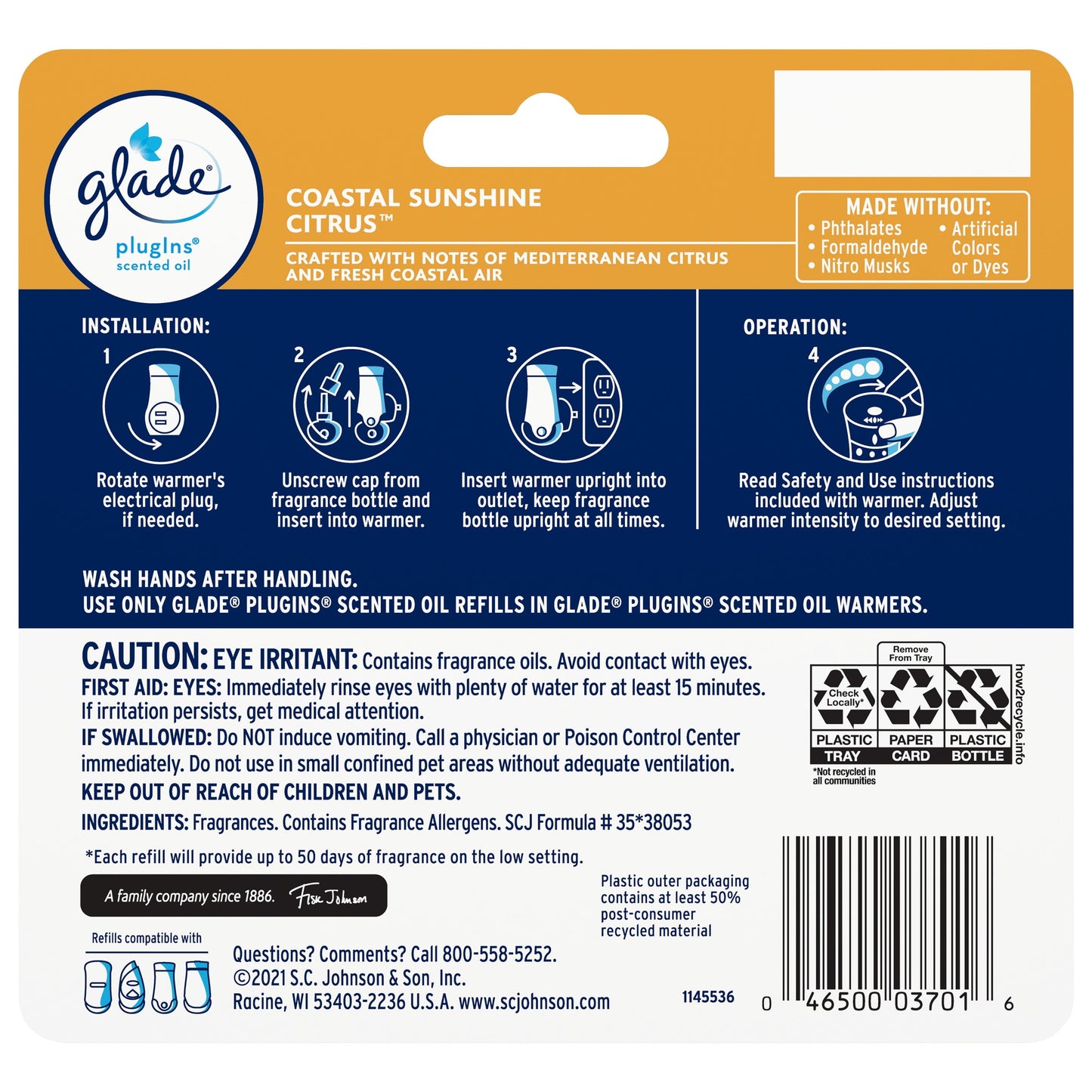 Glade PlugIns Scented Oil Warmer Refills, Glade Plug in refills, Air Freshener, Coastal Sunshine Citrus™, 5 x 0.67 oz