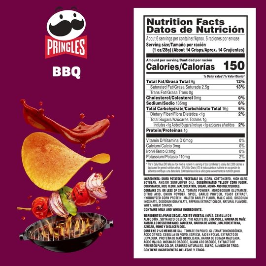 Pringles BBQ Potato Crisps Chips, 5.5 oz