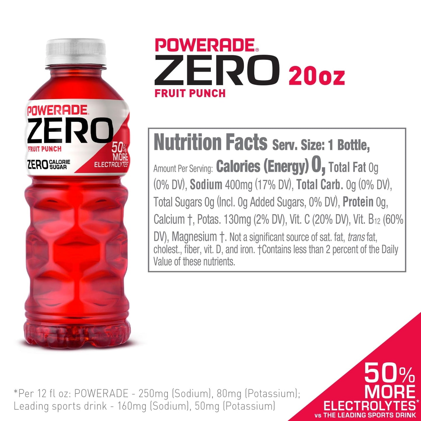 POWERADE Electrolyte Enhanced Zero Sugar Fruit Punch Sport Drink, 20 fl oz, 8 Count Bottles