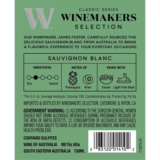 Winemakers Selection Classic Series Sauvignon Blanc Australia White Wine, 750 ml Glass, ABV 12.00%