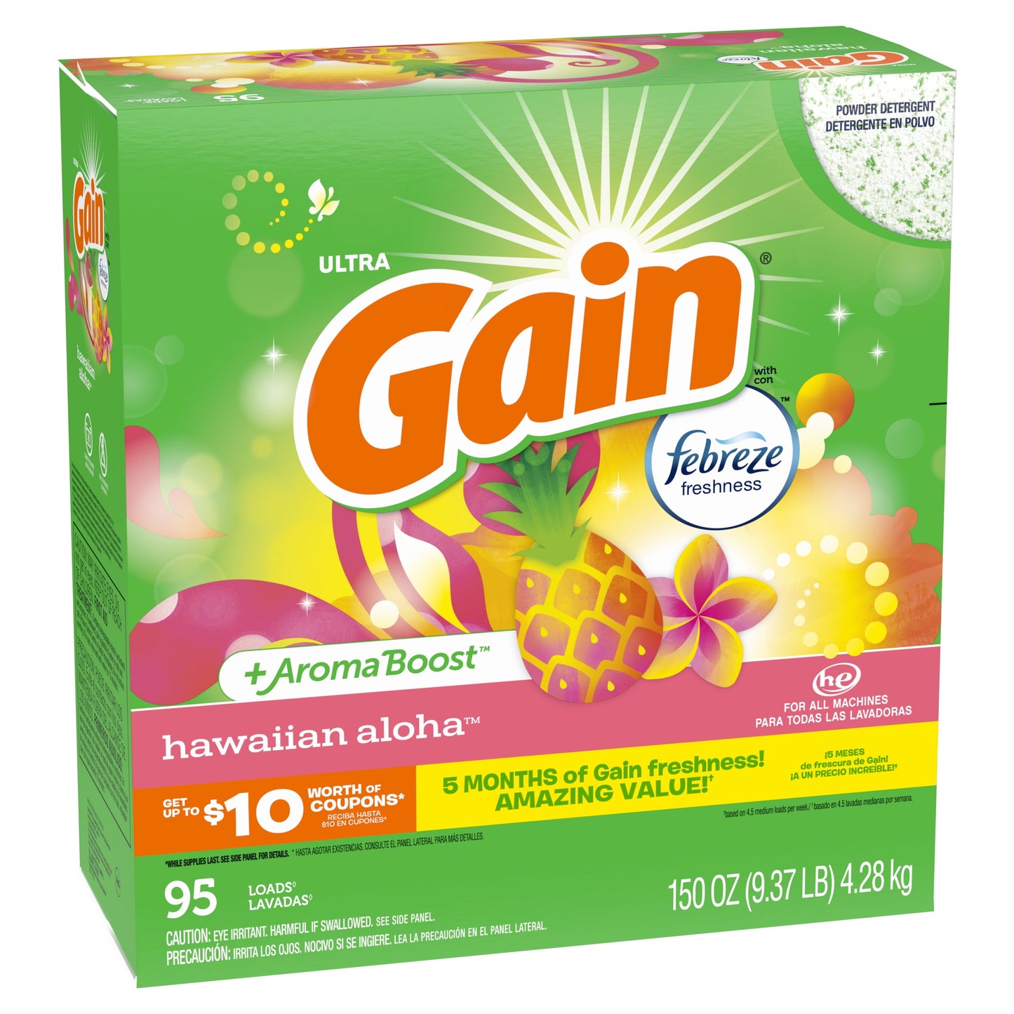 Gain Powder Laundry Detergent for Regular and HE Washers, Hawaiian Aloha Scent, 150 oz, 105 loads