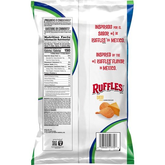 Ruffles Potato Chips Queso Cheese Flavored 8 Oz