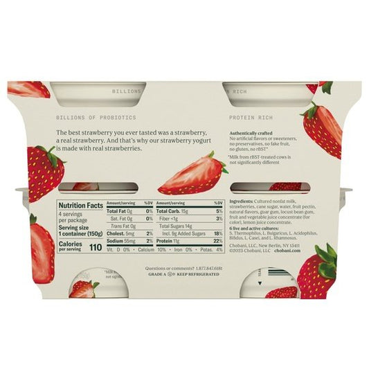 Chobani Strawberry Non-Fat Greek Yogurt Value Pack, 5.3 oz, 4 Pack, Plastic