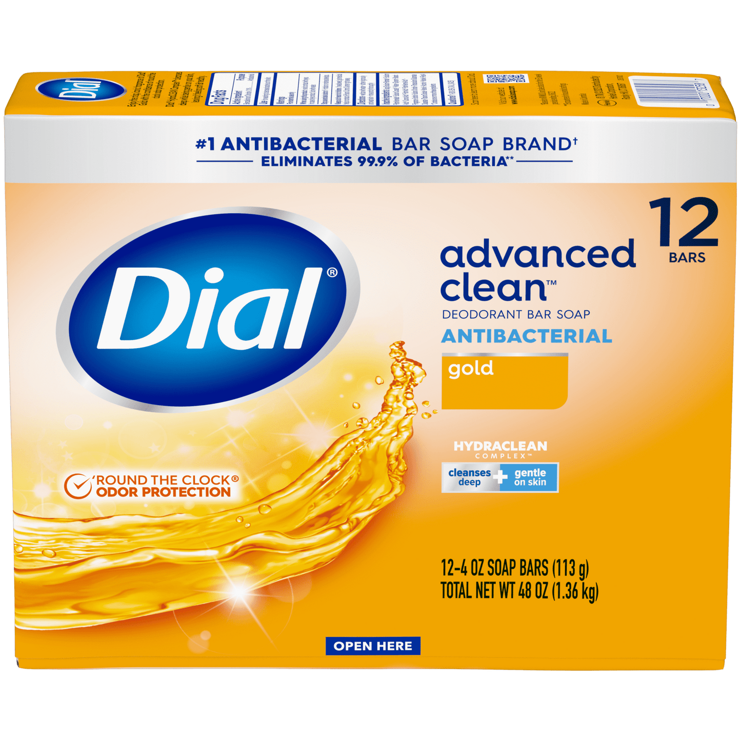 Dial Antibacterial Deodorant Bar Soap, Advanced Clean, Gold, 4 oz, 12 Bars