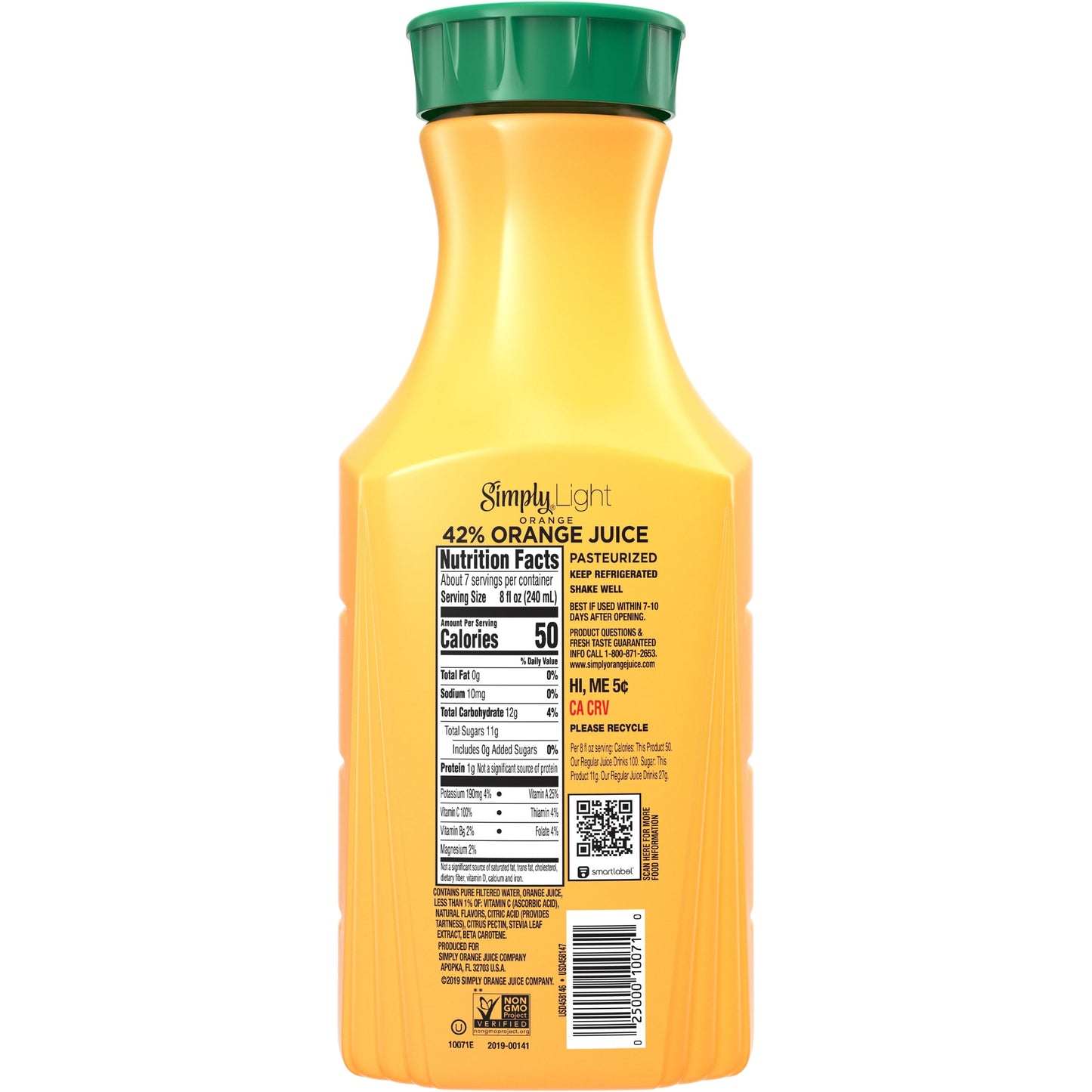 Simply Non GMO No Pulp Light Orange Juice, 52 fl oz Bottle