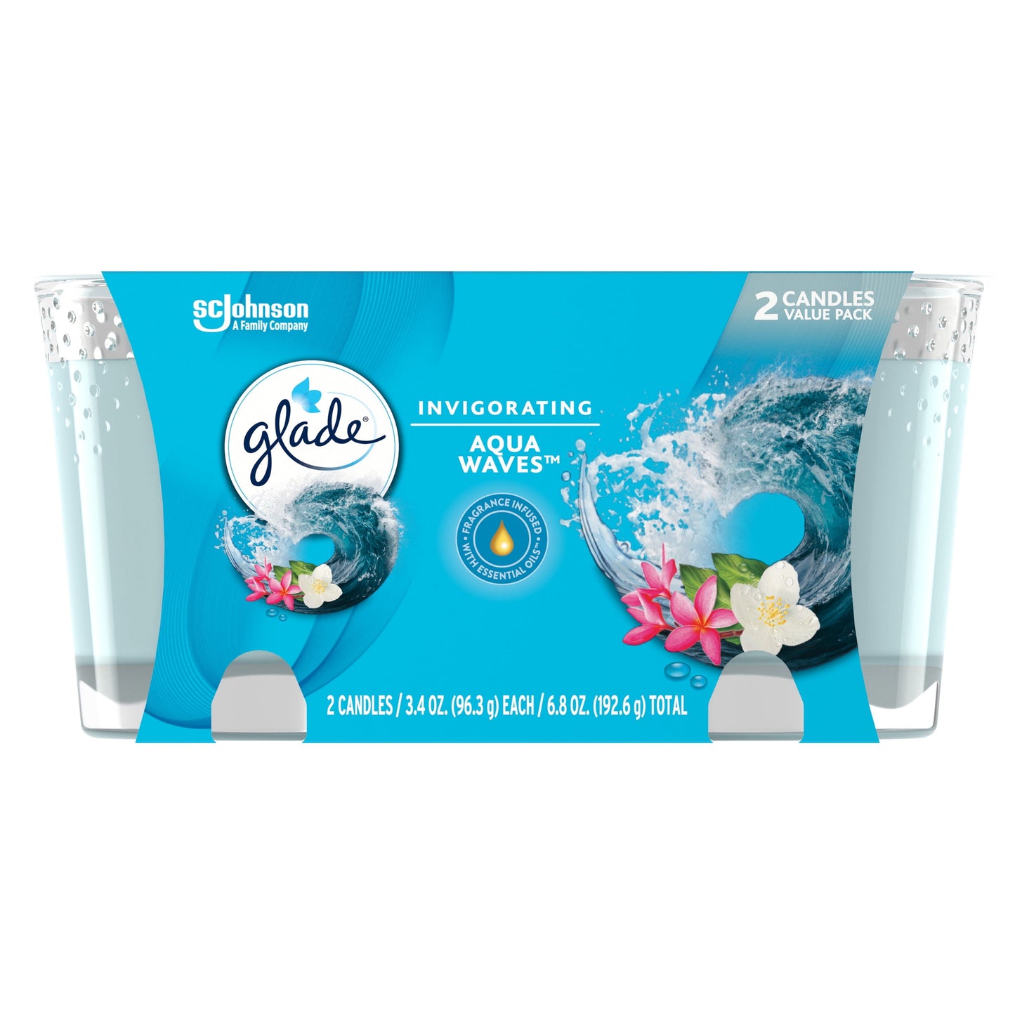 Glade Candle Aqua Waves Scent, 1-Wick, 3.4 oz (96.3 g) Each, 2 Counts, Fragrance Infused with Essential Oils, Notes of Sea Salt, Island Flowers, Ocean Air, Lead-Free Wick Scented Candles