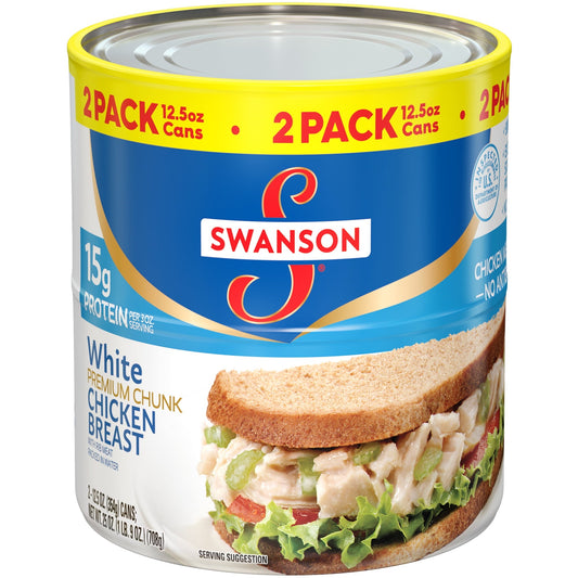 (2 Pack) Swanson White Premium Chunk Canned Chicken Breast in Water, Fully Cooked Chicken, 12.5 oz Can