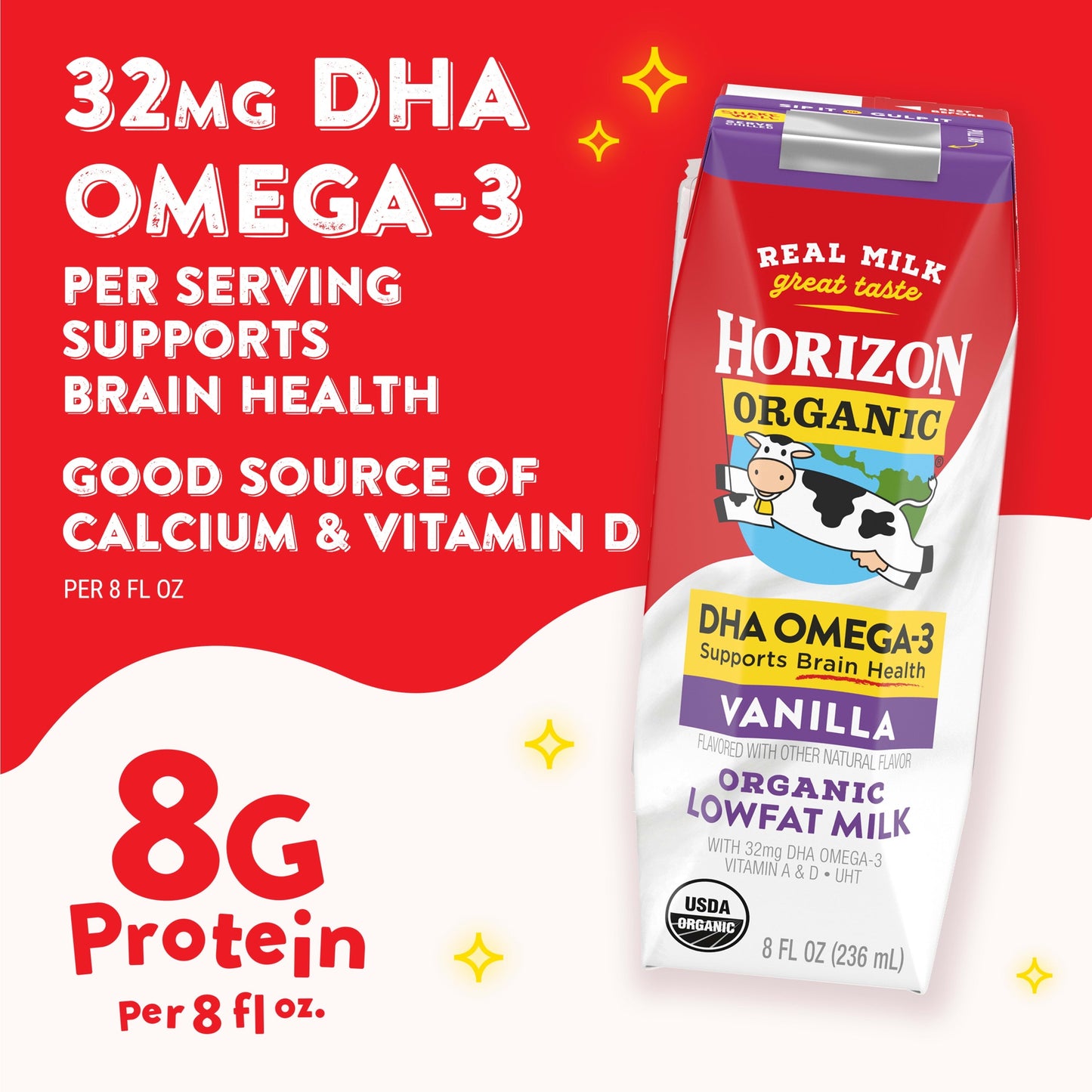 Horizon Organic 1% Lowfat UHT DHA Omega-3 Vanilla Milk, 8 Oz., 6 Count