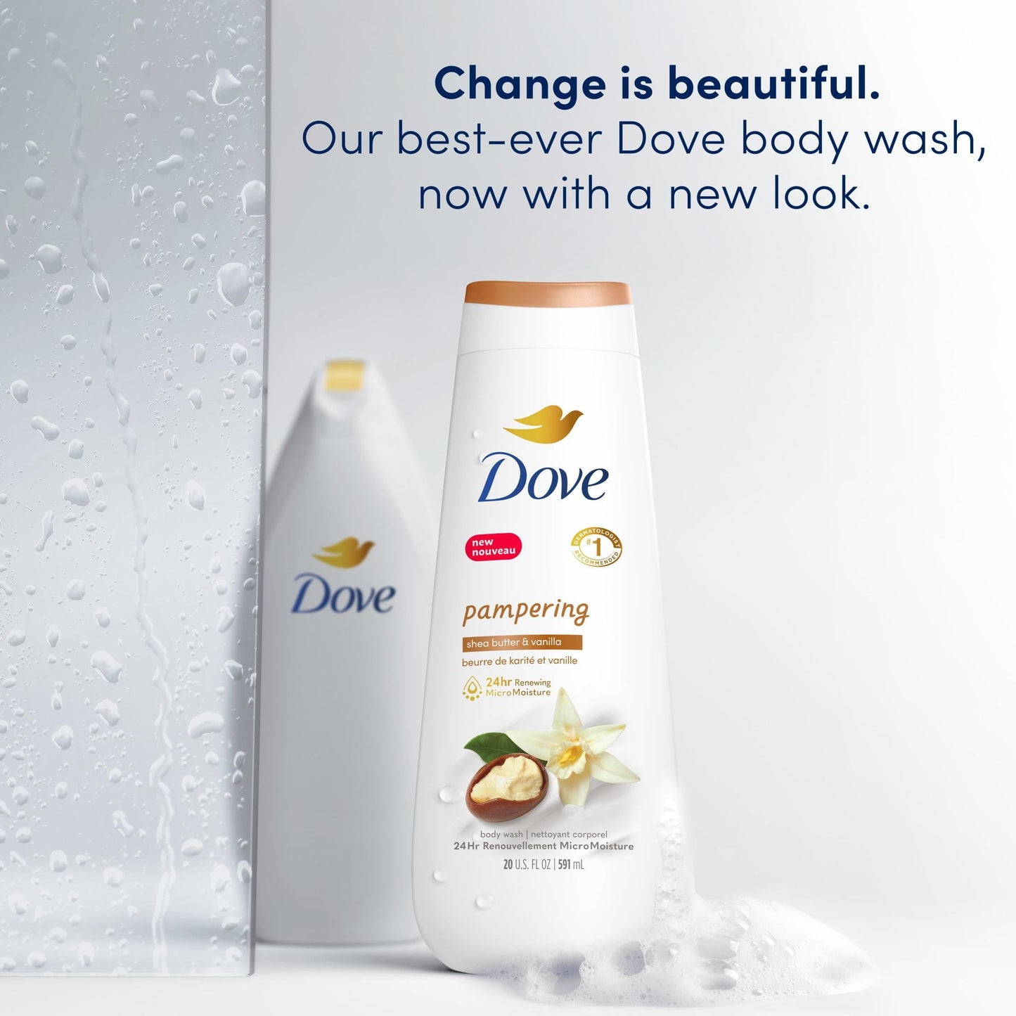 Dove Pampering Long Lasting Gentle Body Wash Twin Pack, Shea Butter and Vanilla, 20 fl oz