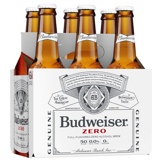 Budweiser Zero Non-Alcoholic Beer, 6 Pack 12 fl. oz. Glass Bottles, Domestic Lager, 0.0% ABV