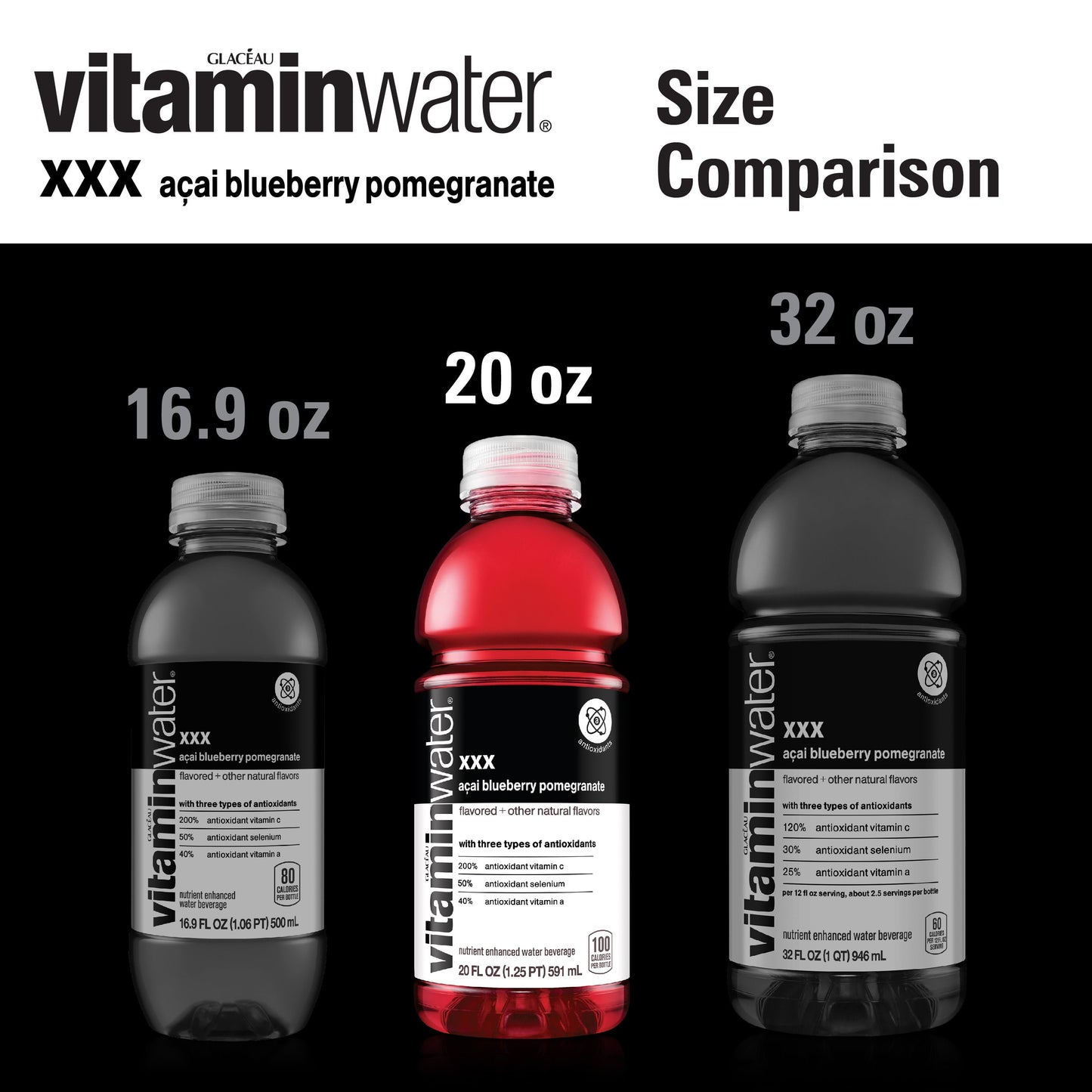 vitaminwater xxx electrolyte enhanced water, acai blueberry pomegranate, 20 fl oz bottle