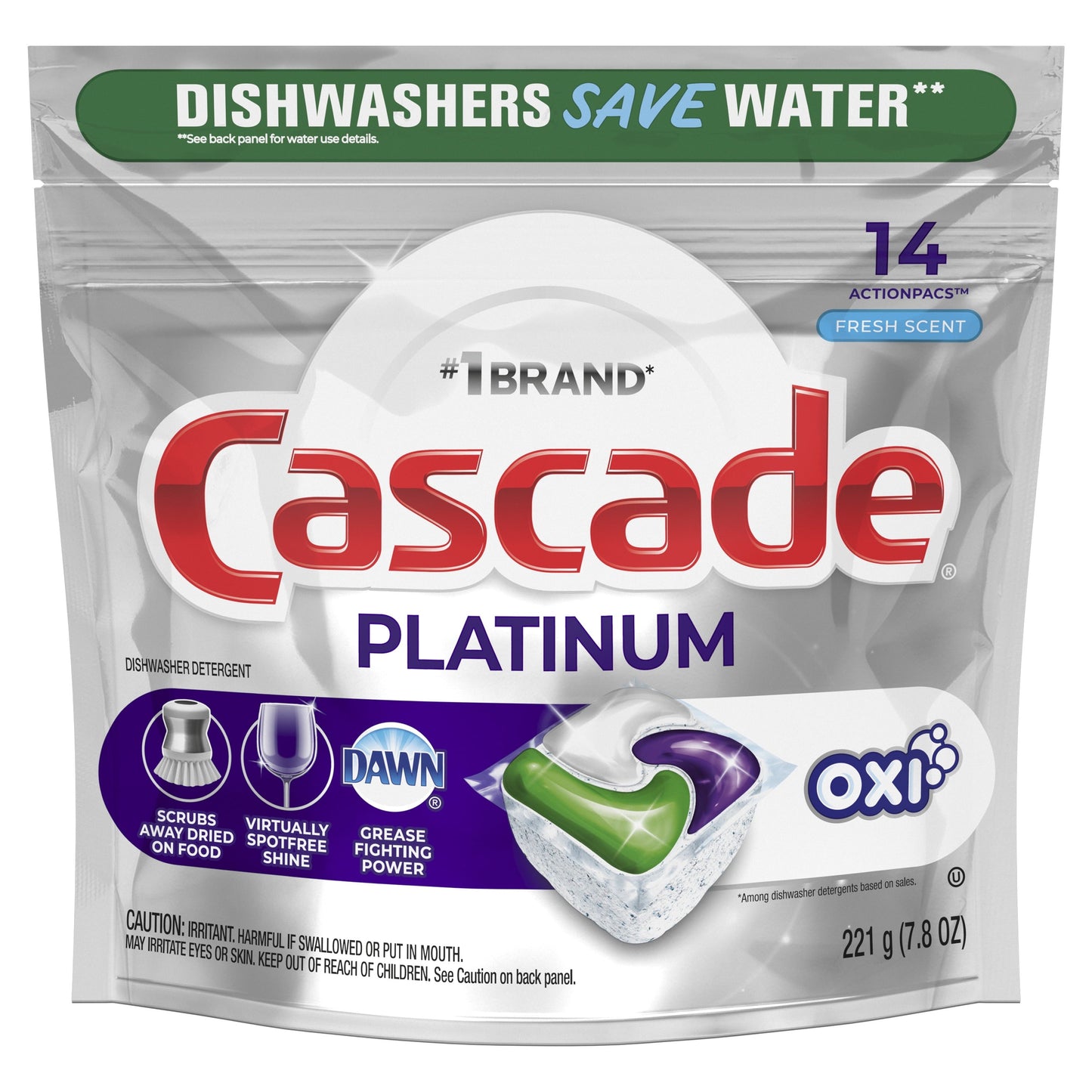 Cascade Platinum + Oxi Dishwasher Pods, Action Pacs Dishwasher Detergent Pods, Fresh Scent, 14 Ct