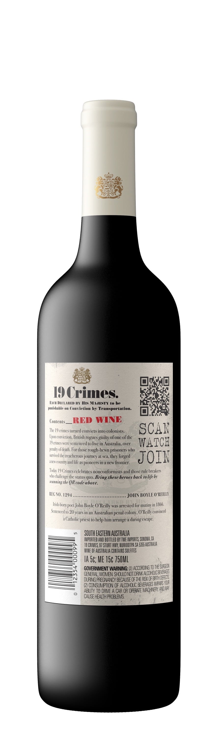 19 Crimes Red Wine, Australia, 14% ABV, 750ml Glass Bottle, 5-150ml Servings