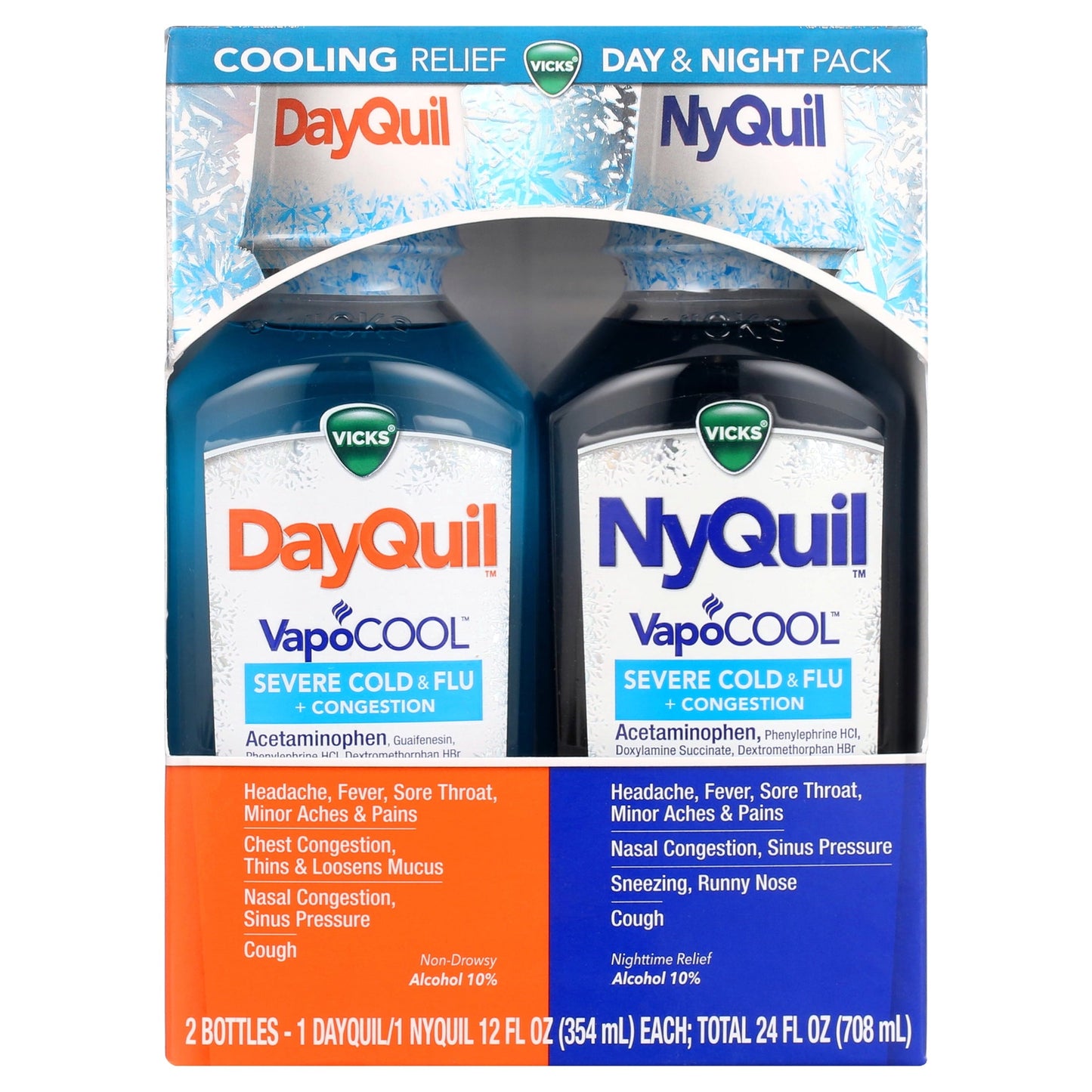 Vicks Dayquil & Nyquil Vapocool Liquid Cold & Flu Medicine, over-the-Counter Medicine, 2 x12 fl. oz.