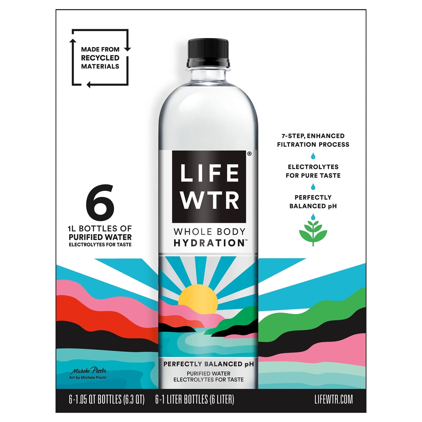 LIFEWTR Purified Water, 1 Liter, 6 Pack Bottles