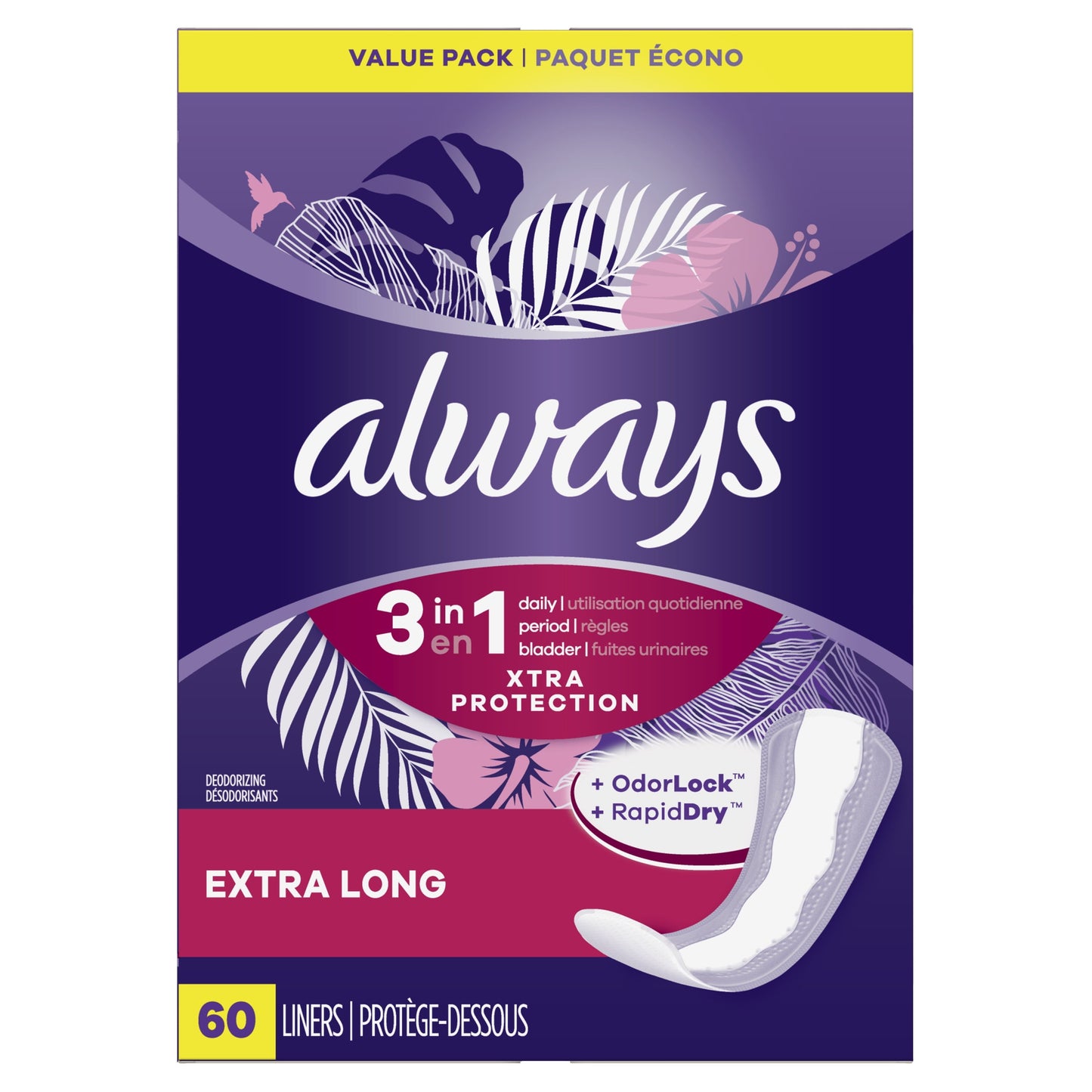 Always Xtra Protection 3-in-1 Daily Liners for Women, Extra Long Length, 60 CT