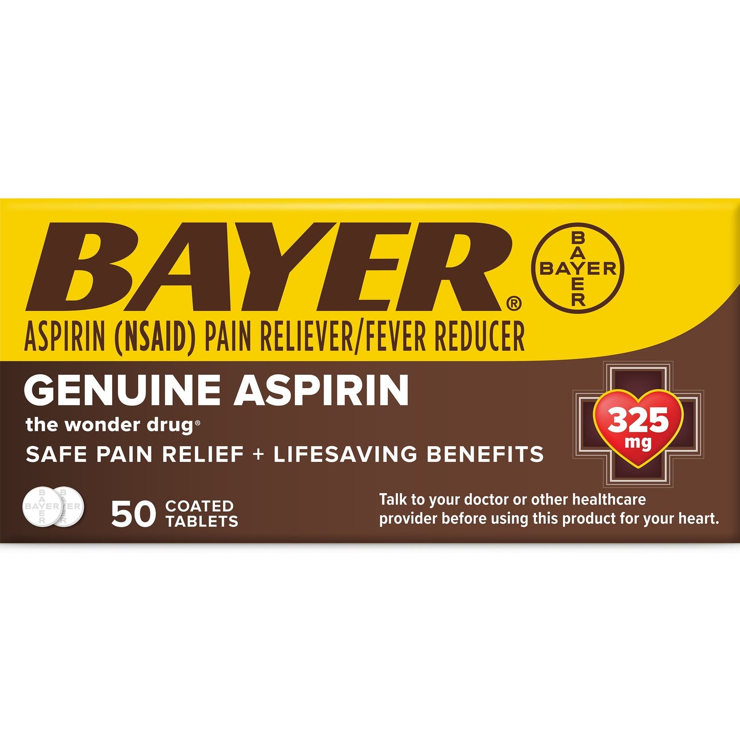 Genuine Bayer Aspirin Pain Reliever / Fever Reducer 325mg Coated Tablets, 50 Count