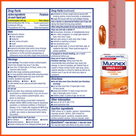 Mucinex Sinus Max Medicine, Pressure, Pain & Cough, 16 Liquid Gels