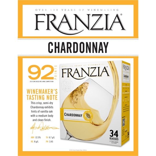 Franzia Vintner Select Chardonnay White Wine, 5 L Bag In Box, ABV 12.50%