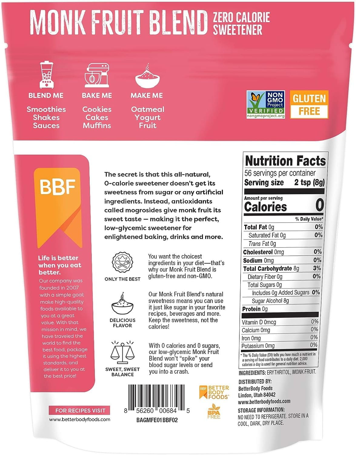 BetterBody Foods Monk Fruit Blend, Zero Calorie Sweetener, 1lb