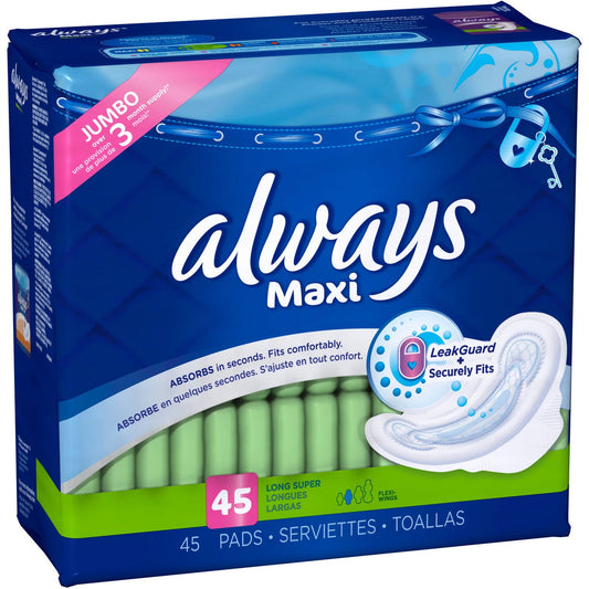 Always Maxi Size 2 Long Super Pads with Wings, Unscented, 45 Count