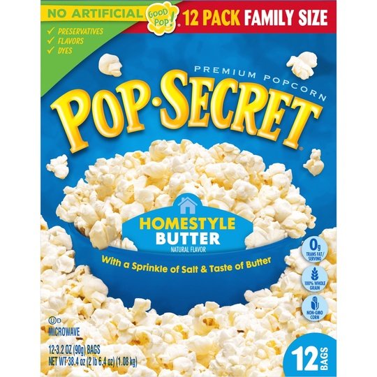 Pop Secret Microwave Popcorn, Homestyle Butter Flavor, 3.2 oz Sharing Bags, 12 Ct