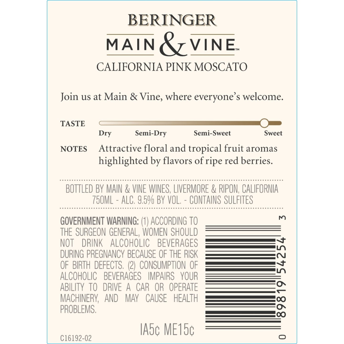 Beringer Main & Vine Pink Moscato California Rose Wine, 750 ml Glass, ABV 13.00%