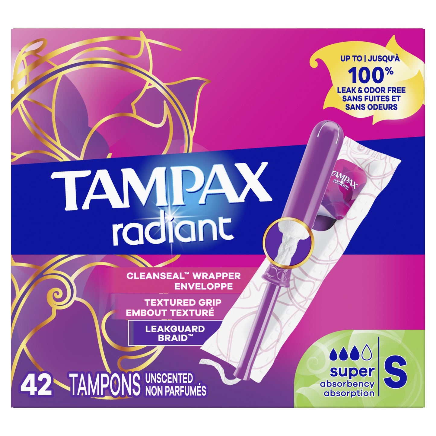 Tampax Radiant Tampons with LeakGuard Braid, Supber Absorbency, 42 Count