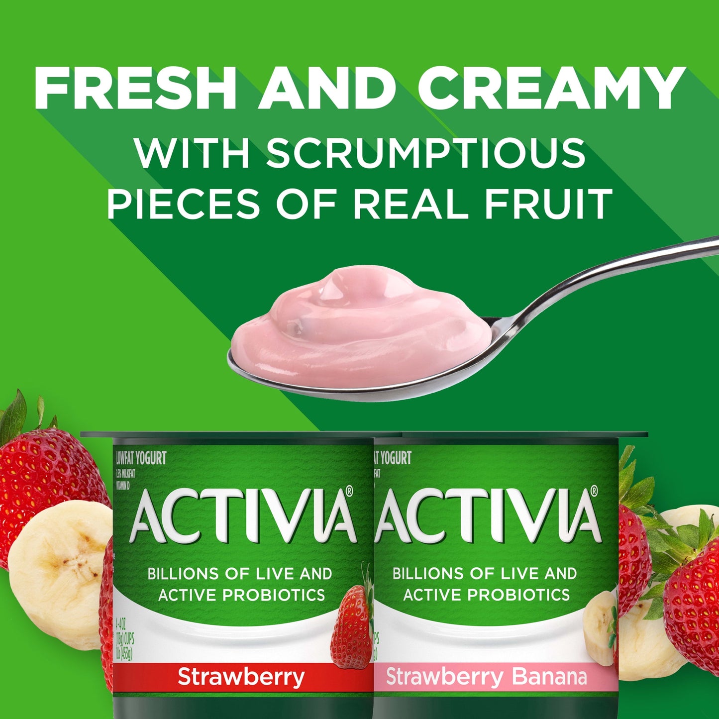 Activia Strawberry and Strawberry Banana Probiotic Yogurt, Lowfat Yogurt Cups, 4 oz, 12 Count