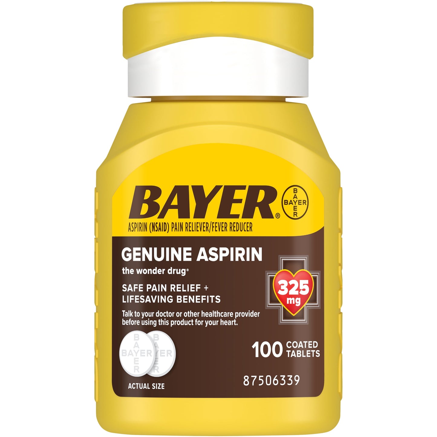 Genuine Bayer Aspirin Pain Reliever / Fever Reducer 325mg Coated Tablets, 100 Count